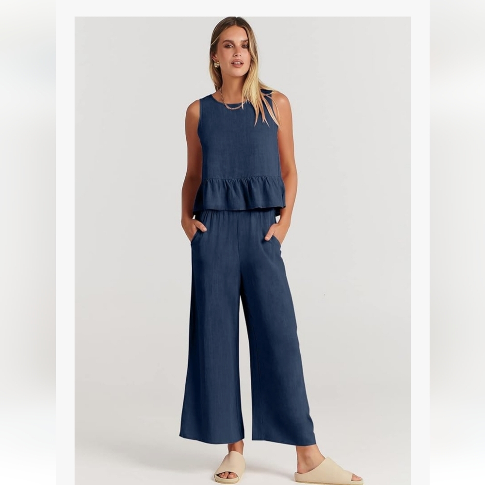 ANRABESS 2 Piece Outfits Sleeveless Tank Crop Top Wide Leg Pants, XXL, Deep Navy - Picture 2 of 9